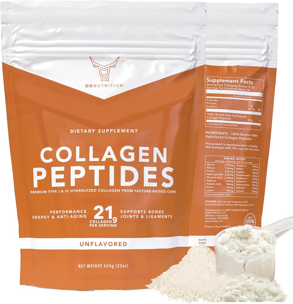 OX collagen pulver til kvinder Mænd (22oz) Type I & III Flavorless & Odorless Easy- Mix Hydrolyzed Peptan Protein Peptider fælles hår hud & negle Support Gluten- Free Non- GMO Keto Paleo Grass- Fed Kosher