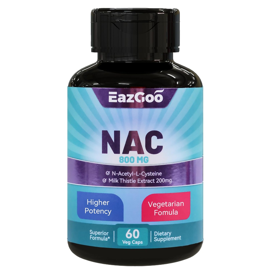 NAC Supplement N- Acetyl Cysteine 800mg, med Milk Thistle 200mg, Non- GMO, Gluten Free - 60 kapsler