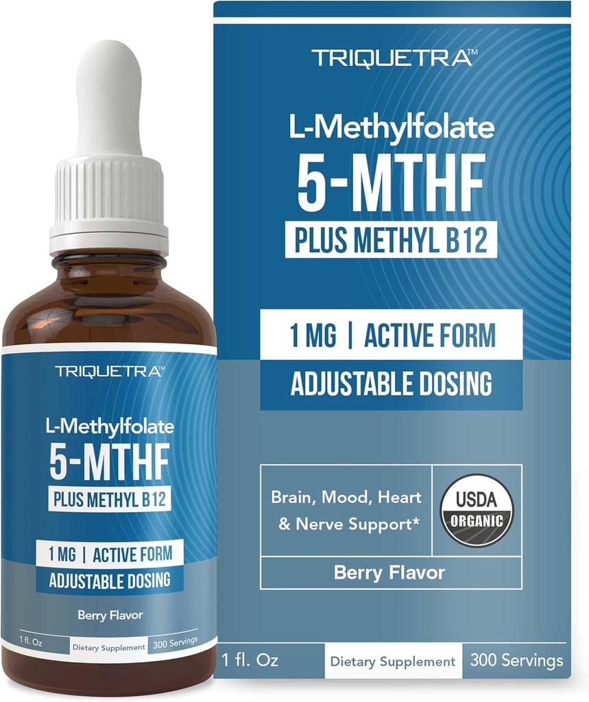 Organic Methyl Folate 1000 mcg + Methyl B12 Cofactor (300 Servere) - Metabolic Aktiv 5- MTHF Form, Organic Berry Flavor, Flydende Sublingual Form - Mood, Cognition, Methylering, Graviditet (1oz)