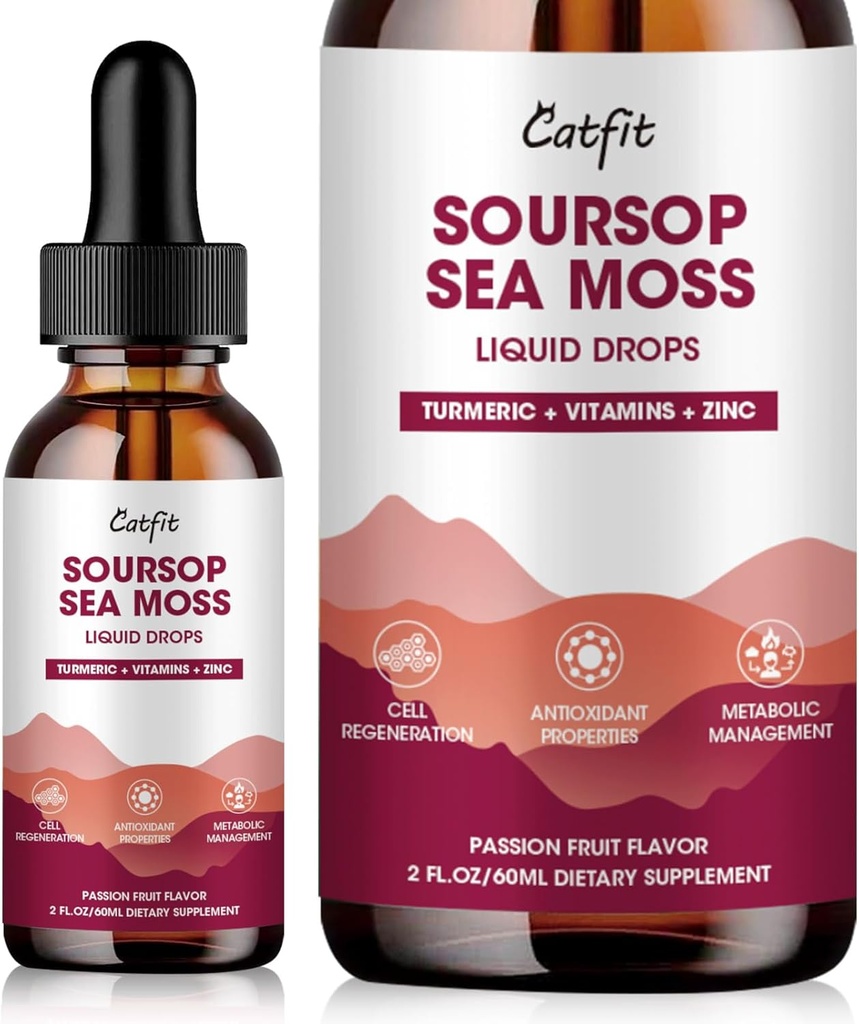 Soursop Graviola Liquid Drop - Soursop Bitters Liquid Drops med Sea Moss, Gurmerisk & Vitaminer B6 C Zink til Cell Support, Antioxidant, Afslapning & immunboost, Passion Fruit Flavor, 2 Fl Oz