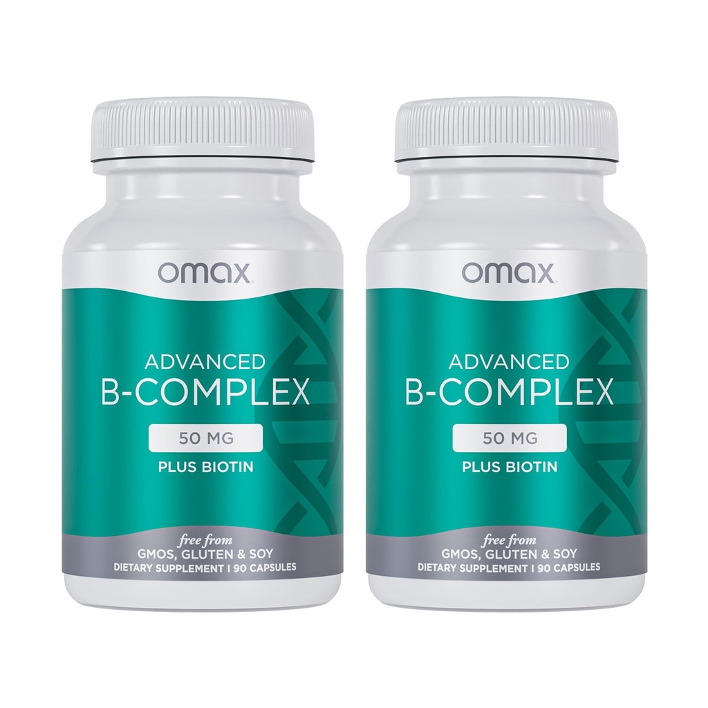 Omax3 2 Flasker - Avanceret B-vitamin Complex 50MG med Biotin Note 124; Stærk & Shiny Hår, Skin Nails, Support Stress, Immunitet, Energi Metabolisme, 90 Kapsler / per flaske