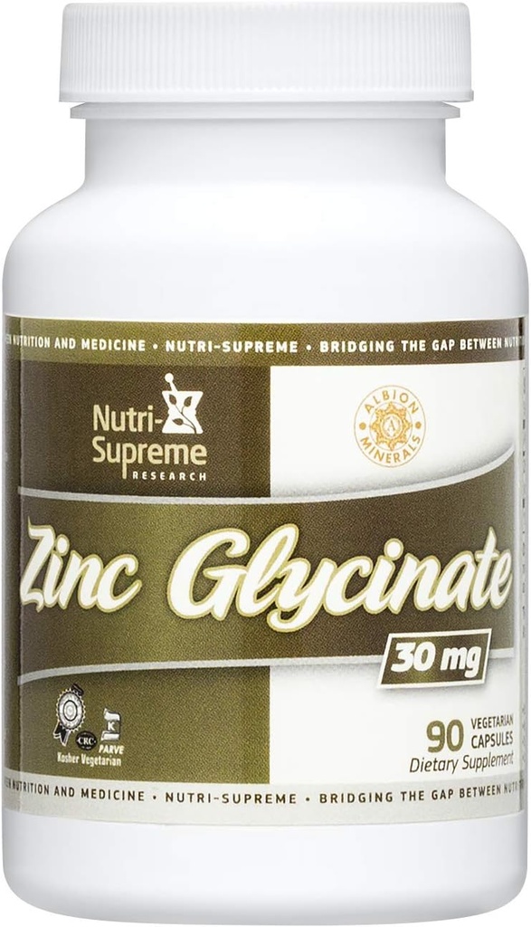 Nutrity- Supreme Zink Glycinate 30 mg - 90 Vegetariske kapsler - Testet for optimal absorption og potens - Hjælper support immunforsvar og stofskifte sundhed - Kosttilskud