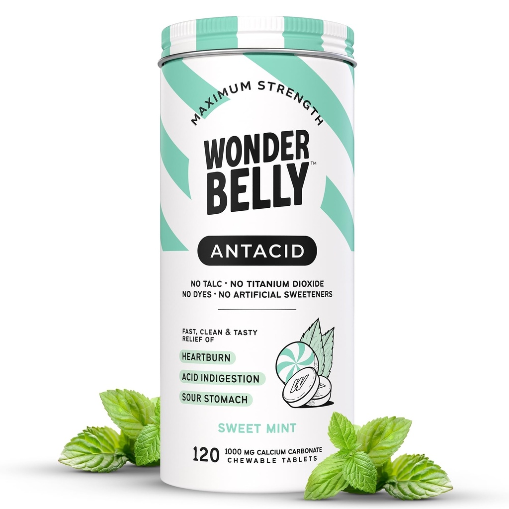 Wondermave Antacida, Effektiv Heartburn og Instant Acid fordøjelsesbesvær Relief, Ekstra styrke tyggetabletter, 1000 mg Calcium Carbonat, Ingen Talc eller Dye, Sweet Mint, 120 Greve
