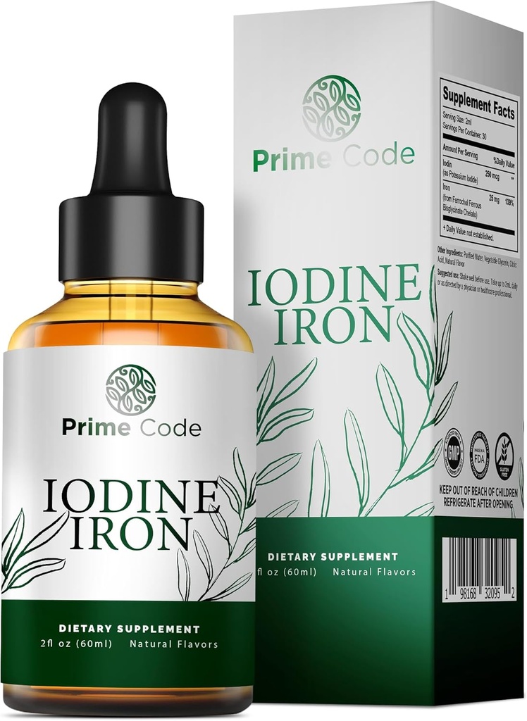 Prime Code [2) Jod Liquid Supplement med jern - Jod Supplement Drops for Thyroid 250mcg - Understøtter Thyroid sundhed Hud Sundhed - Organisk, Vegan, Non- GMO, Alkohol og Gluten- fri