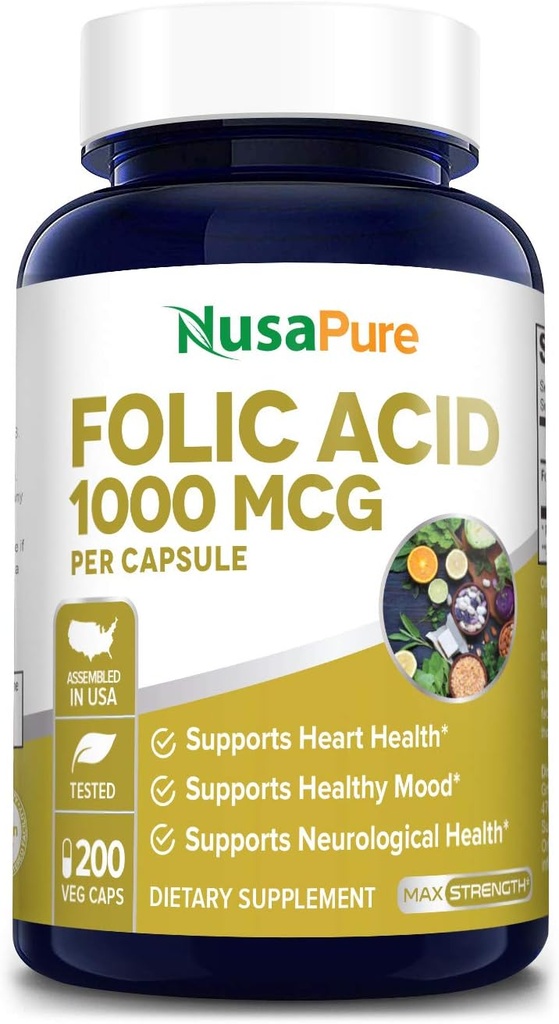 NusaPure folinsyre 1000mcg 200 Veggie Caps (non-GMO, Vegetarisk, Gluten Free)
