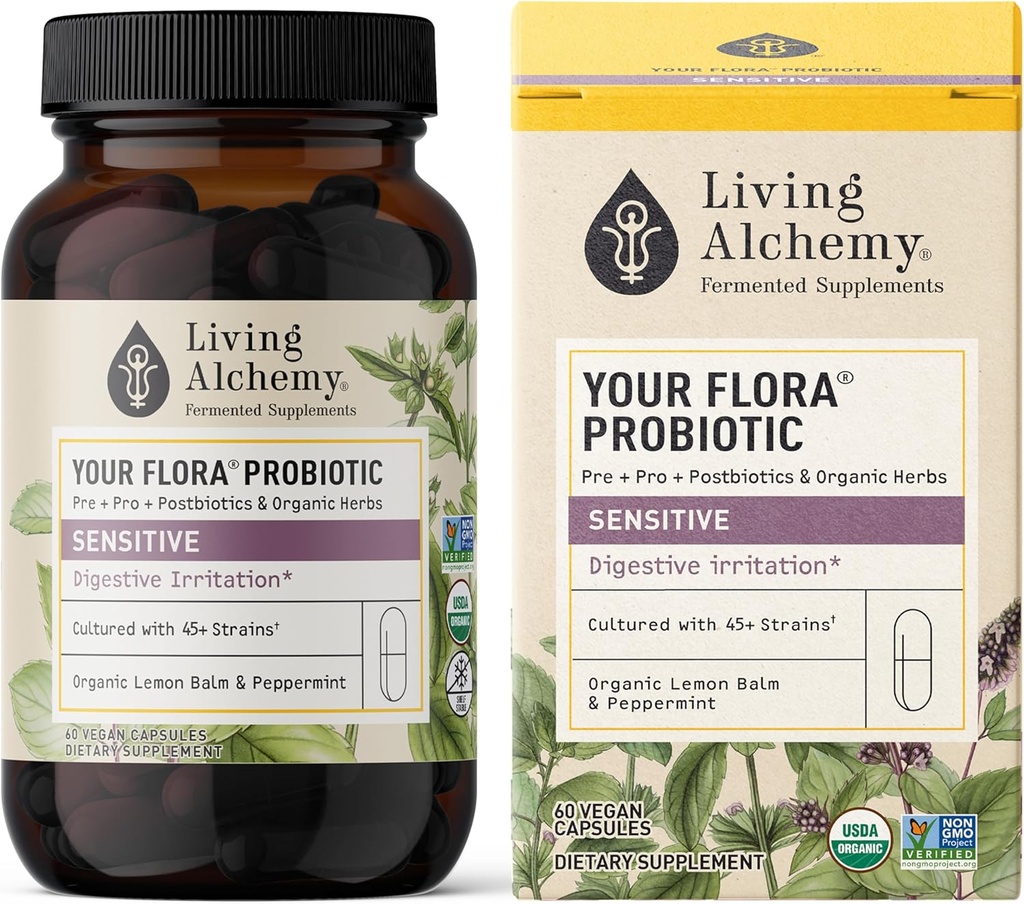 Gut Health Supplements - Din Flora Probiotic Følsom med gæret Soybean, Lemon Balm, Pebermynte, & Prebiotics - Rense Detox til mænd og kvinder - Vegan, Non- GMO - Living Alchemy, 60 Pcs