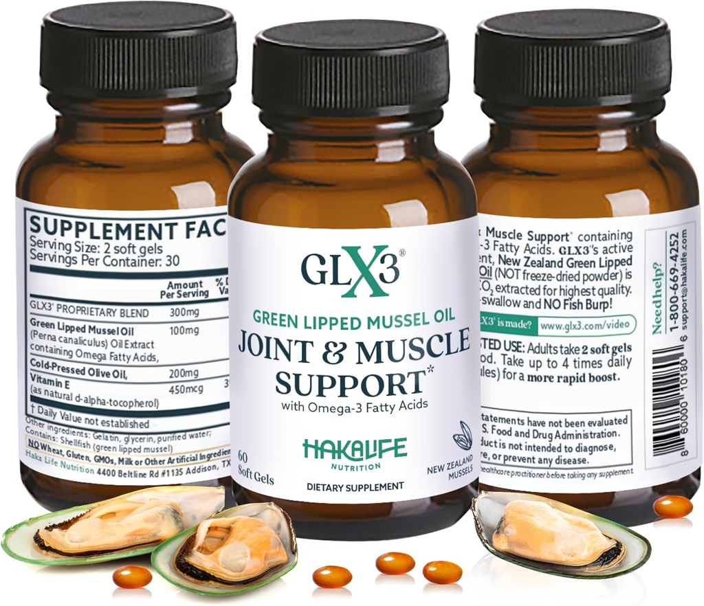 GLX3 Extra Strength Green Liped Mussel Oil Capsules - Long- Lasting Joint Comfort Supplement - Support for Aches, Bevidsthed - naturligvis rig på Omega 3 & Chondroitin Sulfate 180 tabletter