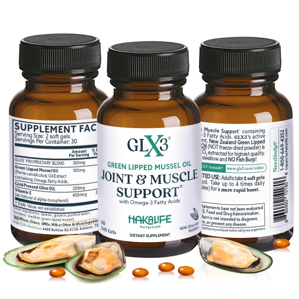 GLX3 Extra Strength Green Liped Mussel Oil Capsules - Long- Lasting Joint Comfort Supplement - Support for Aches, Bevidsthed - naturligvis rig på Omega 3 & Chondroitin Sulfate 180 tabletter