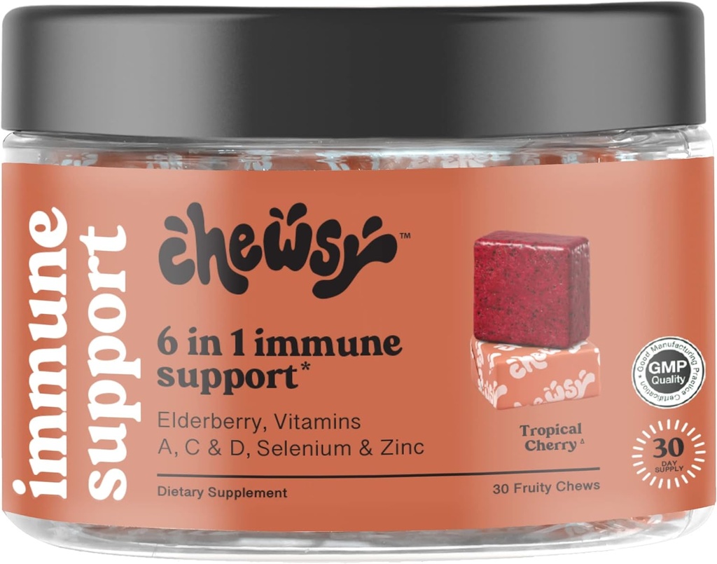 Chewsy 6- in-1 Immunitet Support Fruity Chews med hyldebær, C-vitamin, A & D, Zink & Selenium - 30-Day Supply, Individuelt indpakket Immunitet Vitamin Tygger til voksne og børn (1)