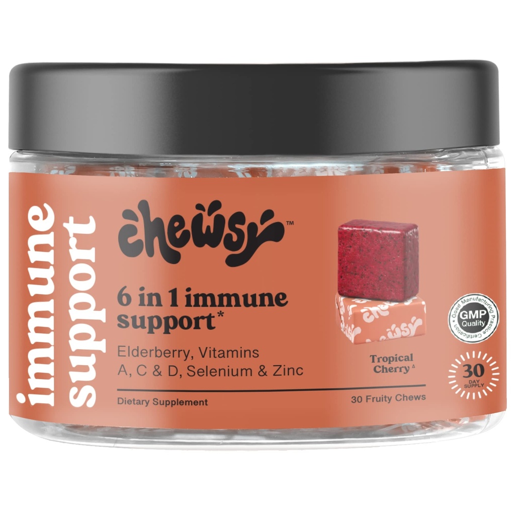 Chewsy 6- in-1 Immunitet Support Fruity Chews med hyldebær, C-vitamin, A & D, Zink & Selenium - 30-Day Supply, Individuelt indpakket Immunitet Vitamin Tygger til voksne og børn (1)
