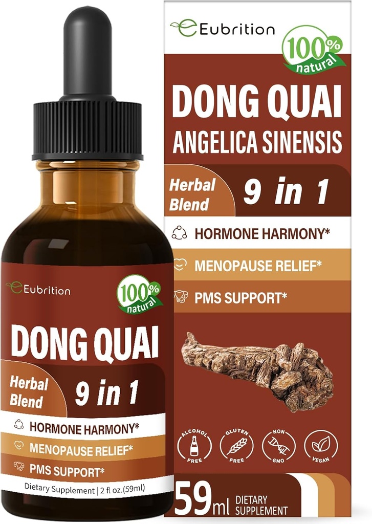 Dong Quai Liquid supplement til kvinder, Angelica Sinensis Root Extract Tincture Support Menopause & PMS Relief, Hot Flashs, Herbal Blend Drops med Red Clover Fenugreek. 2oz
