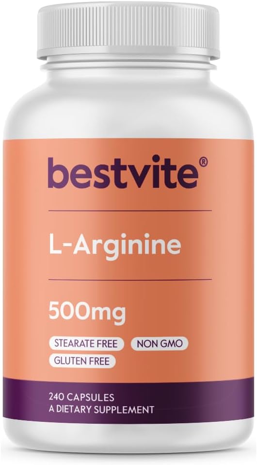 BESTVITE L-Arginine 500mg (240 Capsules) - No Magnesium Stearate - No Silicon Dioxide - No Fillers - Non GMO - Gluten Free