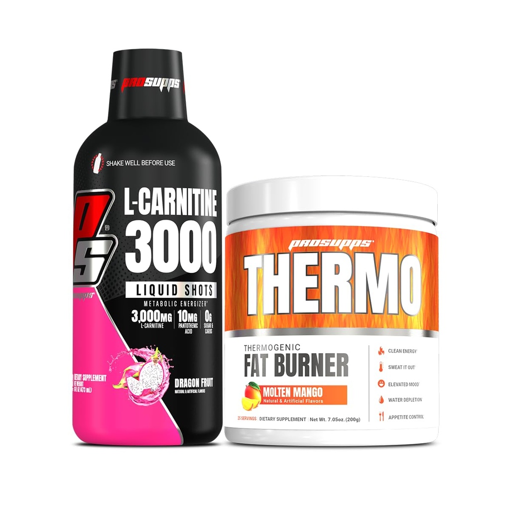 PROSUPPS L- Carnitin 3000 Stimulant Free Liquid Shots (31 Servere, Dragon Fruit) og Thermo Fat Burning Thermogent Powder (25 Servere, Molten Mango) Bundle
