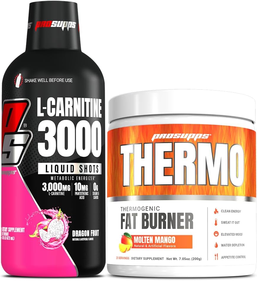 PROSUPPS L- Carnitin 3000 Stimulant Free Liquid Shots (31 Servere, Dragon Fruit) og Thermo Fat Burning Thermogent Powder (25 Servere, Molten Mango) Bundle
