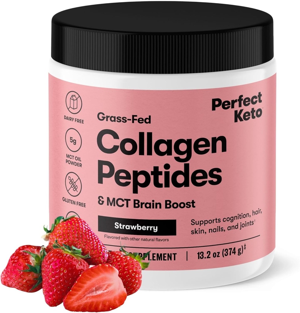 Perfect Keto Collagen Peptider Protein Powder med MCT Oil, Hydrolyzed Collagen, Type I & III tillæg, Gluten Free Grass Fed, Low Carb, Keto Coffee Creamer, Collagen for kvinder & mænd, Jordbær