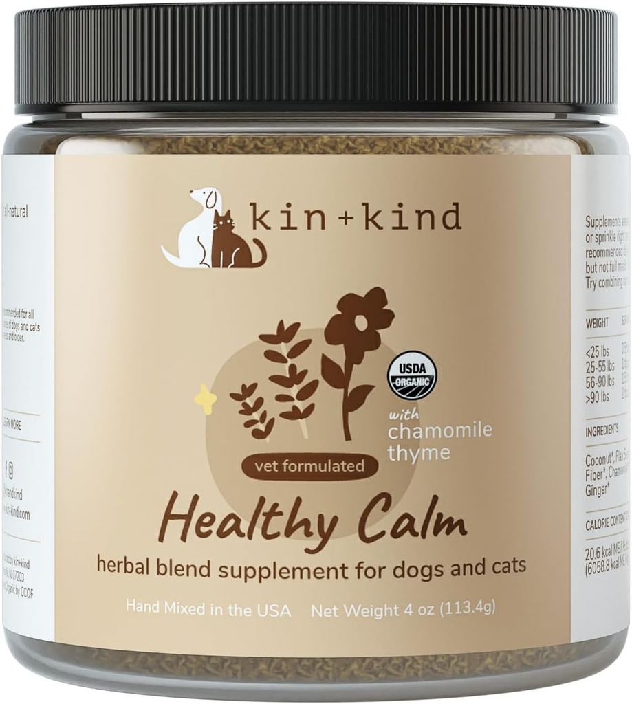 kin + kind Sund rolig supplement til hunde & katte - Vet Formuleret Naturformel med Økologisk Kamille, Timian, Apple Pomace, Ginger og Coconut- Made in USA - 4 oz (Medium)