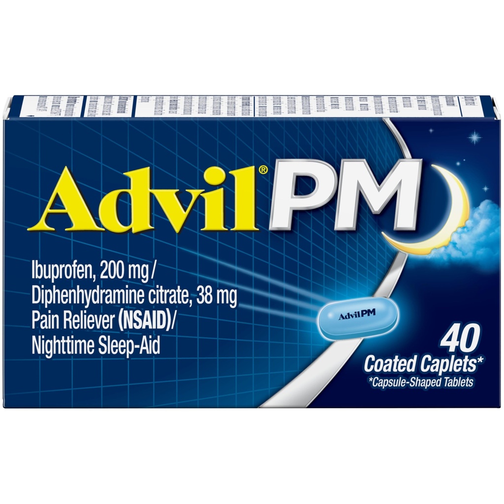 Advil PM Pain Reliever og Nighttime Sleep Aid, Pain Medicine med Ibuprofen for Pain Relief og Diphenhydramin Citrate for a Sleep Aid - 40 Coated Caplets