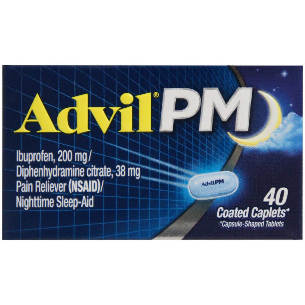 Advil PM Pain Reliever og Nighttime Sleep Aid, Pain Medicine med Ibuprofen for Pain Relief og Diphenhydramin Citrate for a Sleep Aid - 40 Coated Caplets