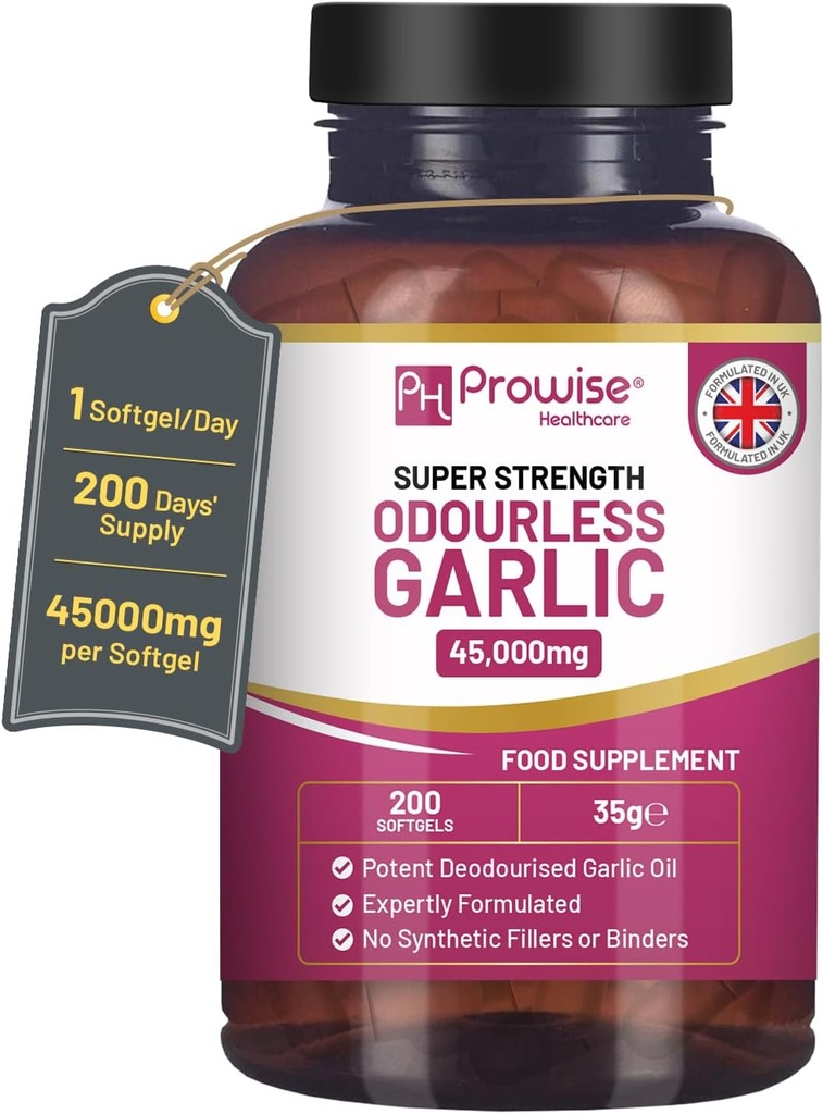 Premium Odourless Garlic Capsules | 45,000mg per softgel | 200 softgels (not Tablets) Super High Strength | Cold Pressed and Deodourised Premium Garlic Oil Extract from Allium Sativum