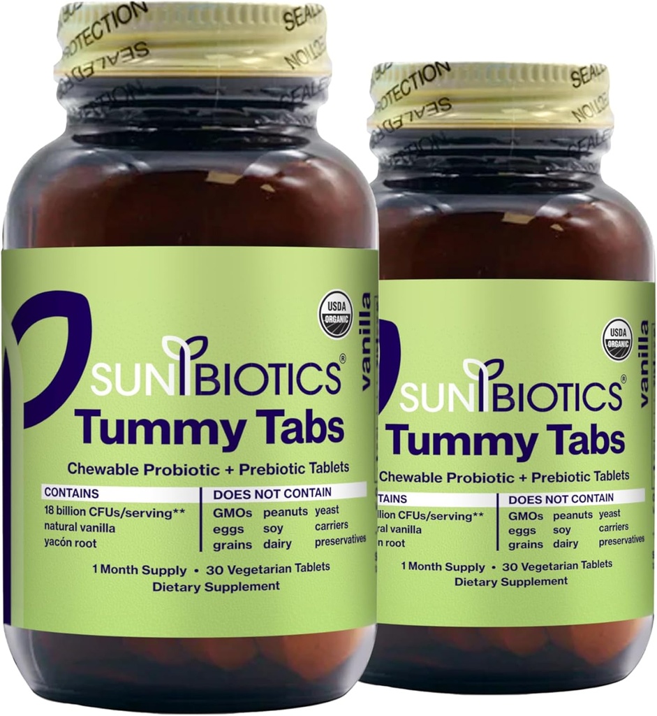 SUNBIOTIK Tummy Tabs - Chewable Probiotic og Prebiotic Tablets med 18 Millioner CFU 'er af 4 Probiotiske Strops til Good Gut Flora, immunsystem, & Balanced Microbiome - Vanilla, (Pack of 2)