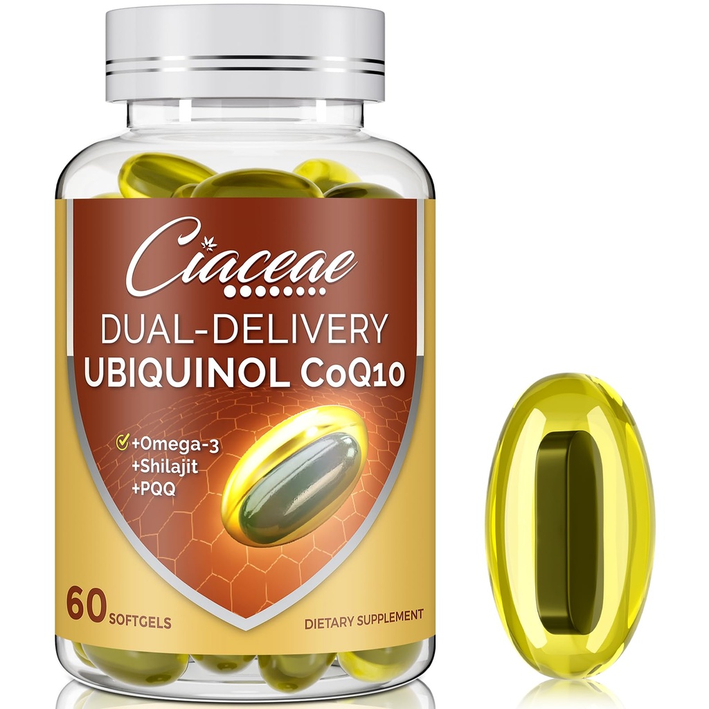 Ubiquinol CoQ10 600 MG Softgel med Omega-3 & Shilajit & PQQ, Advanced Dual- Delivery Coenzyme- Q10, Active CoQ10 Ubiquinol Supplement for Fertilitet, Antioxidant, Heart, Brain & Energy, 60 Servering