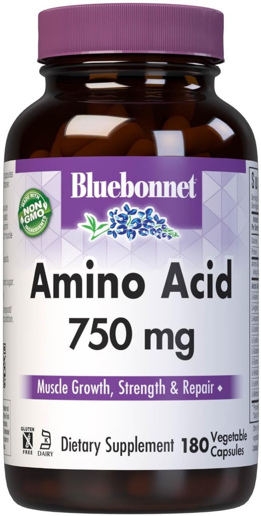 Bluebonnet Aminosyre 750 mg Vitamin kapsler, hvid, 180 Tæl