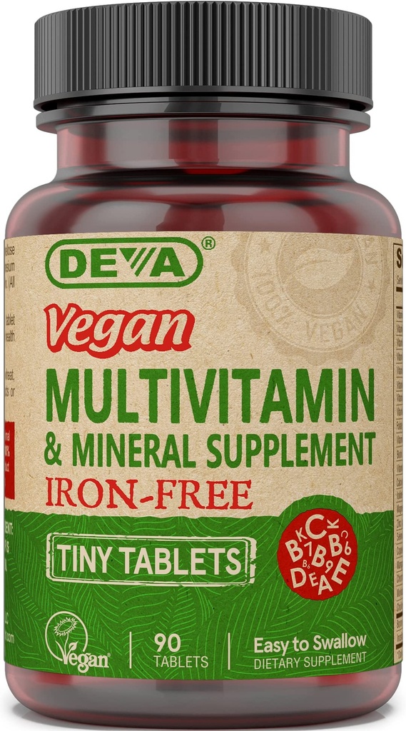 Deva Vegan Multivitamin and Mineral Supplement Iron-Free - with Vitamins A, C, D, E, B Complex, High-Potency Formulation for Daily Health and Wellness - 90 Tiny Tablets, 4-Pack