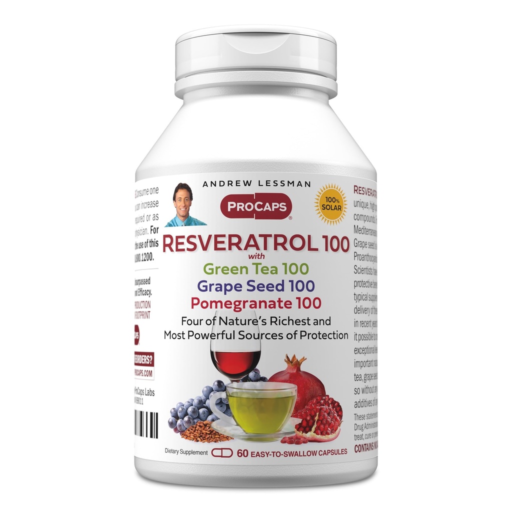 ANDREW LSSMAN Resveratrol- 100 med grøn te 100 Grape Seed 100 Pomegranate 100mg - 60 kapsler - Fire kraftfulde, beskyttende antioxidanter.