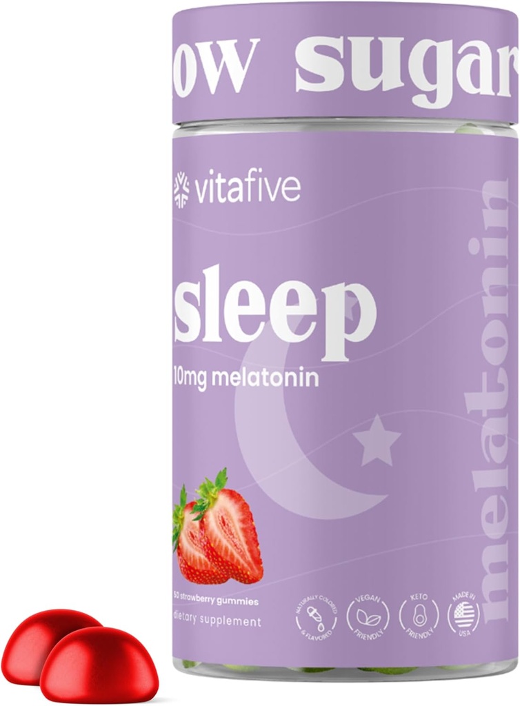 Vitafive Extra Strength Melatonin Gummies, 10 mg Melatonin, Sovehjælp til voksne, Lavsukker, Vegan, Gluten Free Melatonin Supplement (50 Ct)