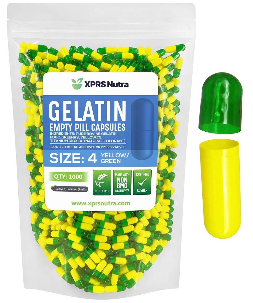XPRS Nutra Størrelse 4 Tomme kapsler - 1000 Tomme Tomme Gelatine Kapsler piller - selv Capsule Fyldning - Bovin Pille Gel Caps (grøn / gul)