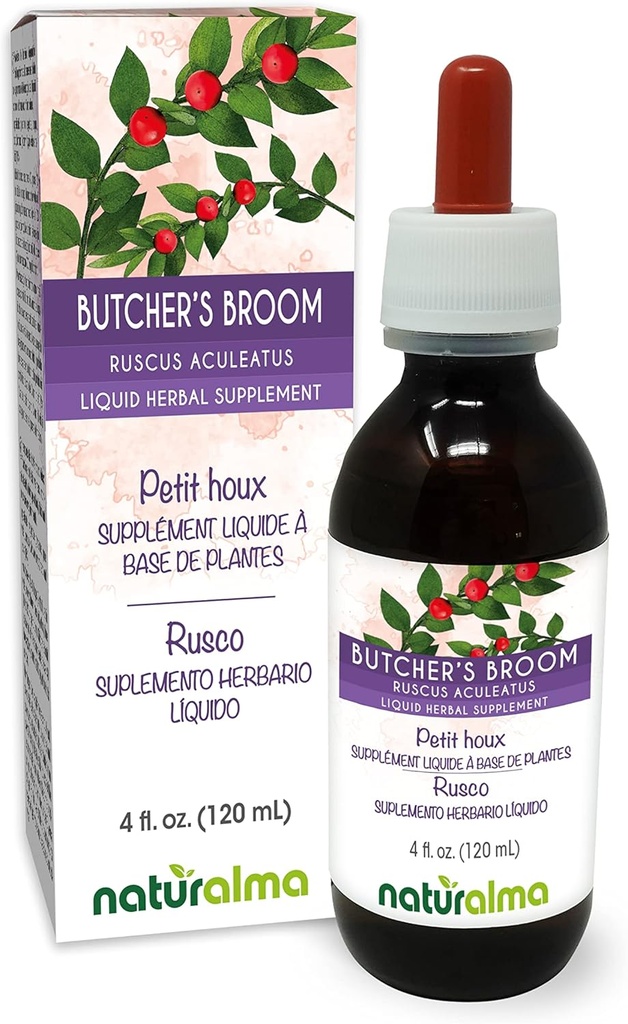Naturalma Butcher 's Broom (Ruscus aculeatus) Root Alkohol- Free Tincture - 4 fl oz Liquid Extract in Drops - Herbal Supplement - Vegan
