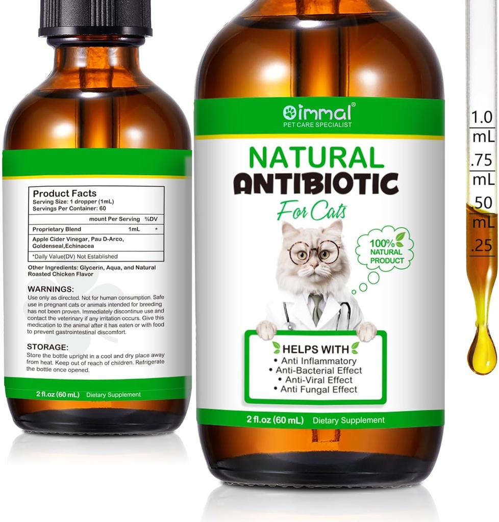 60ML Antibiotika til katte, Premium Cat Antibiotika Supplement, Kat Multivitamin, Natural Antibiotika til katte, Kat Antibiotika understøtter immunforsvar & Kat Allergy Relief-2 Fl Oz