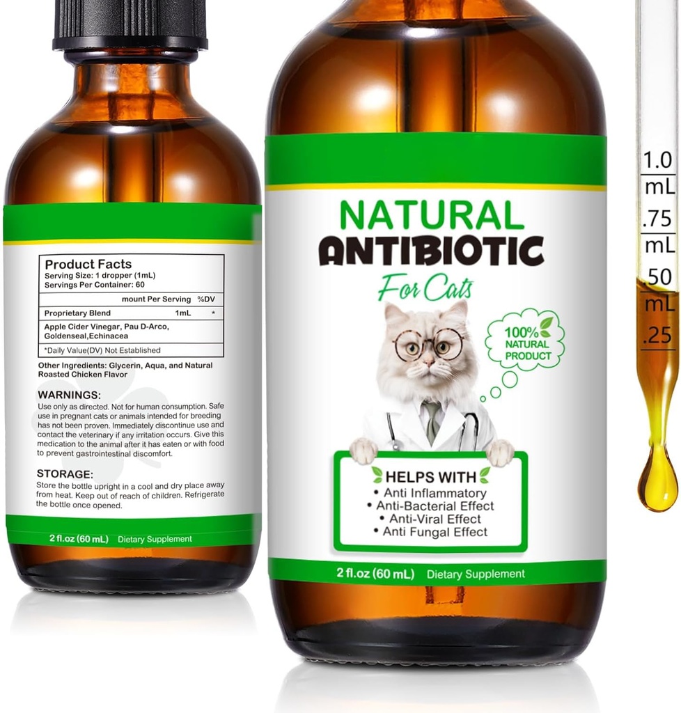 60ML Antibiotika til katte, Premium Cat Antibiotika Supplement, Kat Multivitamin, Natural Antibiotika til katte, Kat Antibiotika understøtter immunforsvar & Kat Allergy Relief-2 Fl Oz
