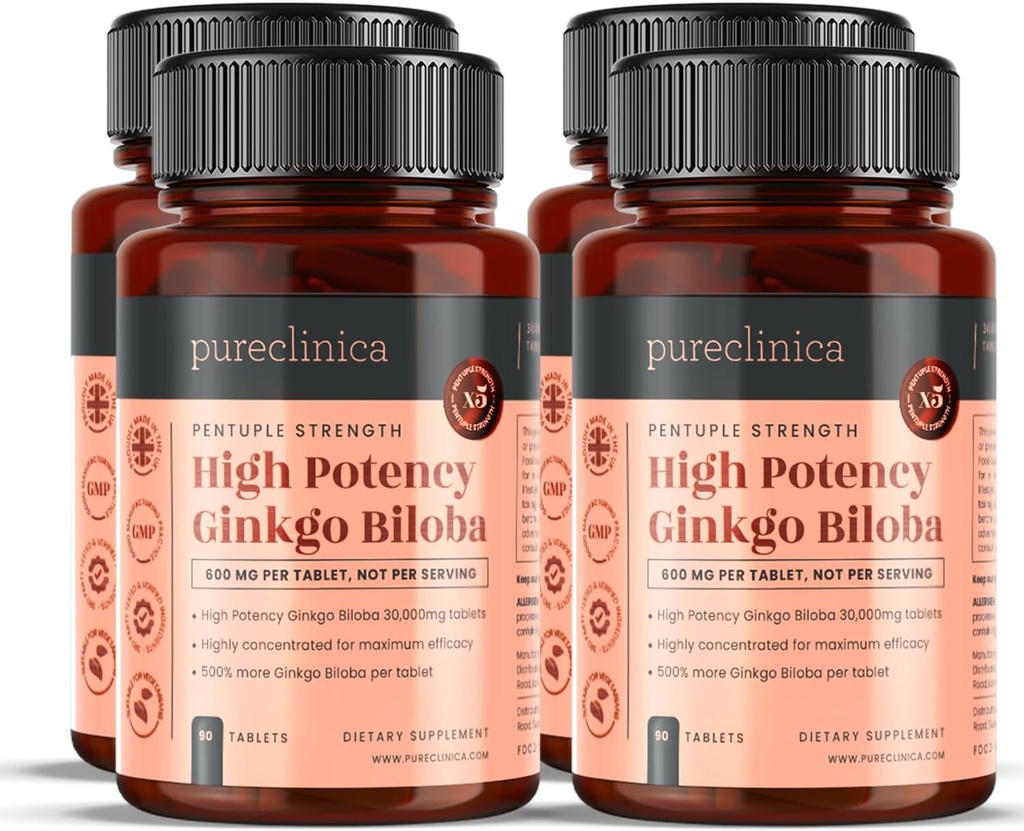 pureclinica High Potence Ginkgo Biloba 30,000mg x 360 tabletter (4 flasker med 90) - 12 måneder Tilgang - 5 gange Styrken af konkurrerende produkter