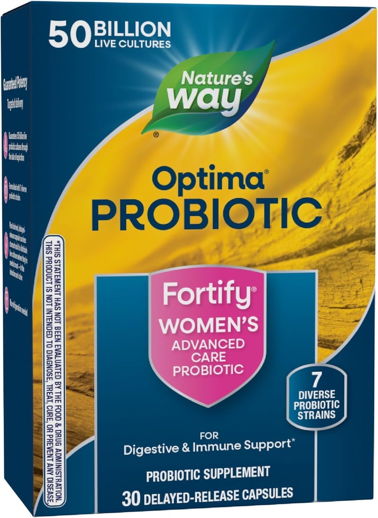 Nature 's Way Fortify Optima Women' s Probiotics, 50 milliarder levende kulturer, 7 Stammer, Understøtter fordøjelse og immunforsvar *, 30 kapsler (Packaging May Vary)