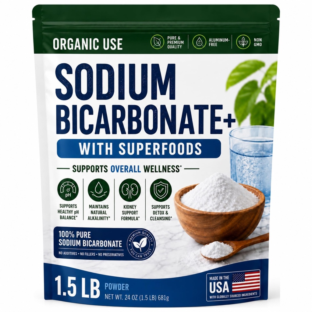Økologisk anvendelse Natriumbicarbonat Alkaline supplement til alkalinitet. Support Nyre & Mavesyre Neutralizer w / Alkalisk superfood. Natriumbicarbonat pulver Nyre immunforsvar Antacida Sport 1,5 LB