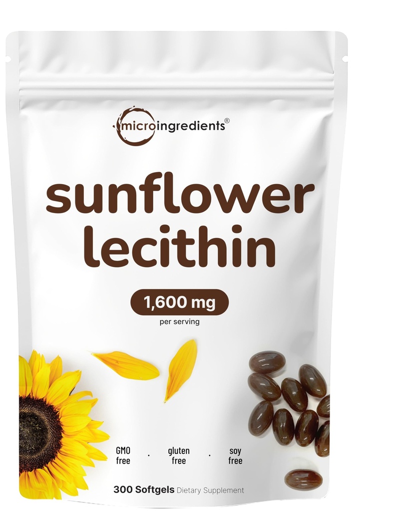 Micro Ingredients Sunflower Lecithin 1.600mg Per Serving, 300 Softgels ttesmå 124; bæredygtigt opvarmet kilde, Cold Pressed, Rich in Phosphatidyl Cholin