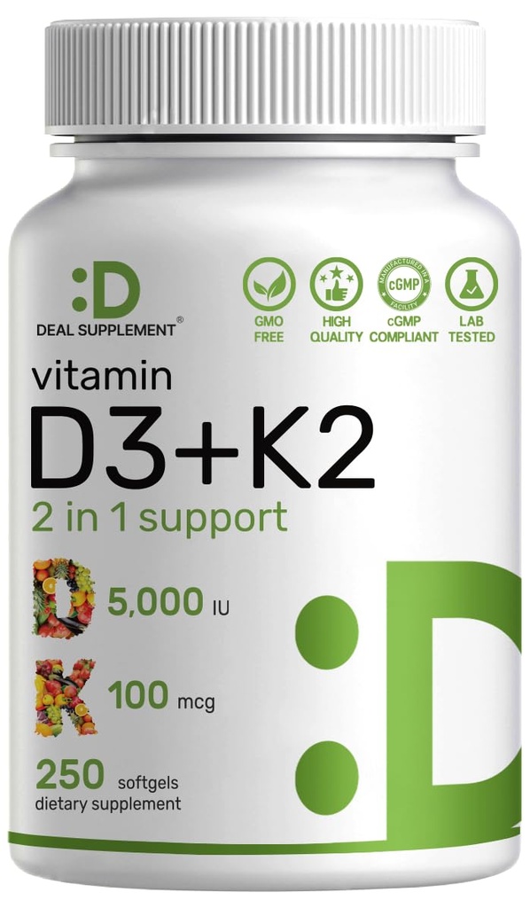 DEAL SUPPLEMENT D3 5000 IE + K2 MK7 Softgels, 250 Grev - 124; 2- in-1 - Complex - 124; Let at synke
