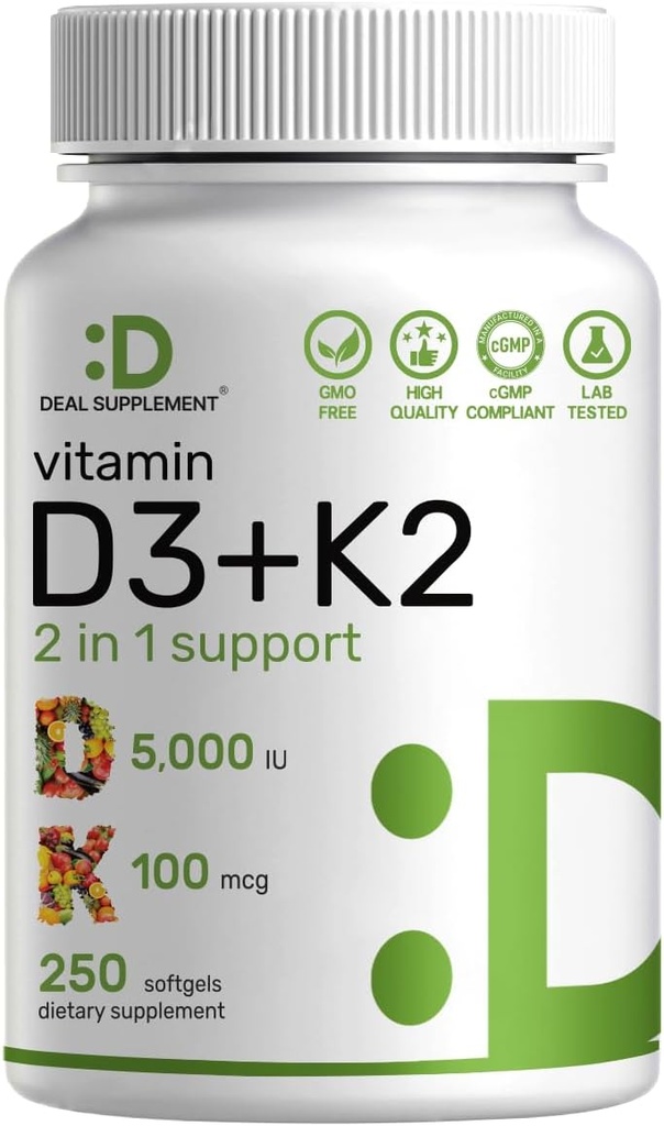 DEAL SUPPLEMENT Vitamin D3 5000 IE + K2 MK7 Softgels, 250 Grev 1 124; 2 - in-1 Complex 1 124; støtter hjerte, ben, tænder og immunforsvar *