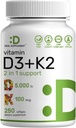 DEAL SUPPLEMENT Vitamin D3 5000 IE + K2 MK7 Softgels, 250 Grev 1 124; 2 - in-1 Complex 1 124; støtter hjerte, ben, tænder og immunforsvar *
