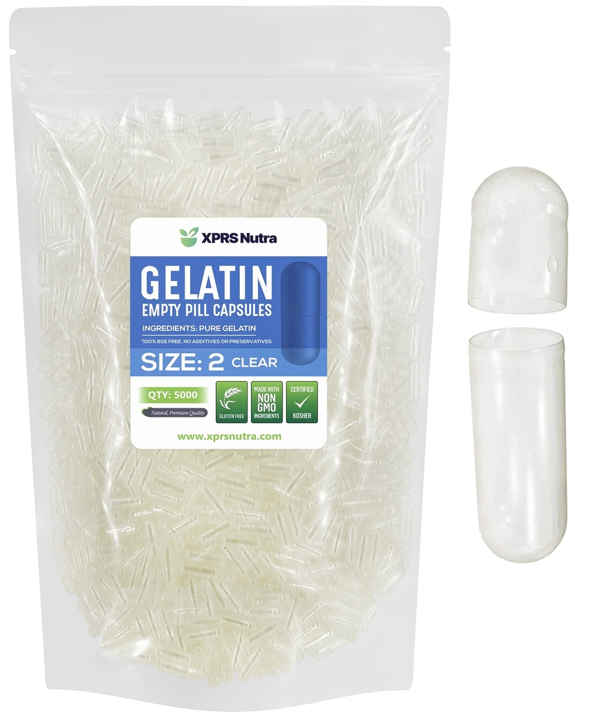 XPRS Nutra Størrelse 2 Tomme kapsler - 5000 Tomme Tomme Gelatine kapsler - Piller selv Capsule Fyldning - Pure Bovin Pille Gel Caps for Do- It- Yourself Kosttilskud