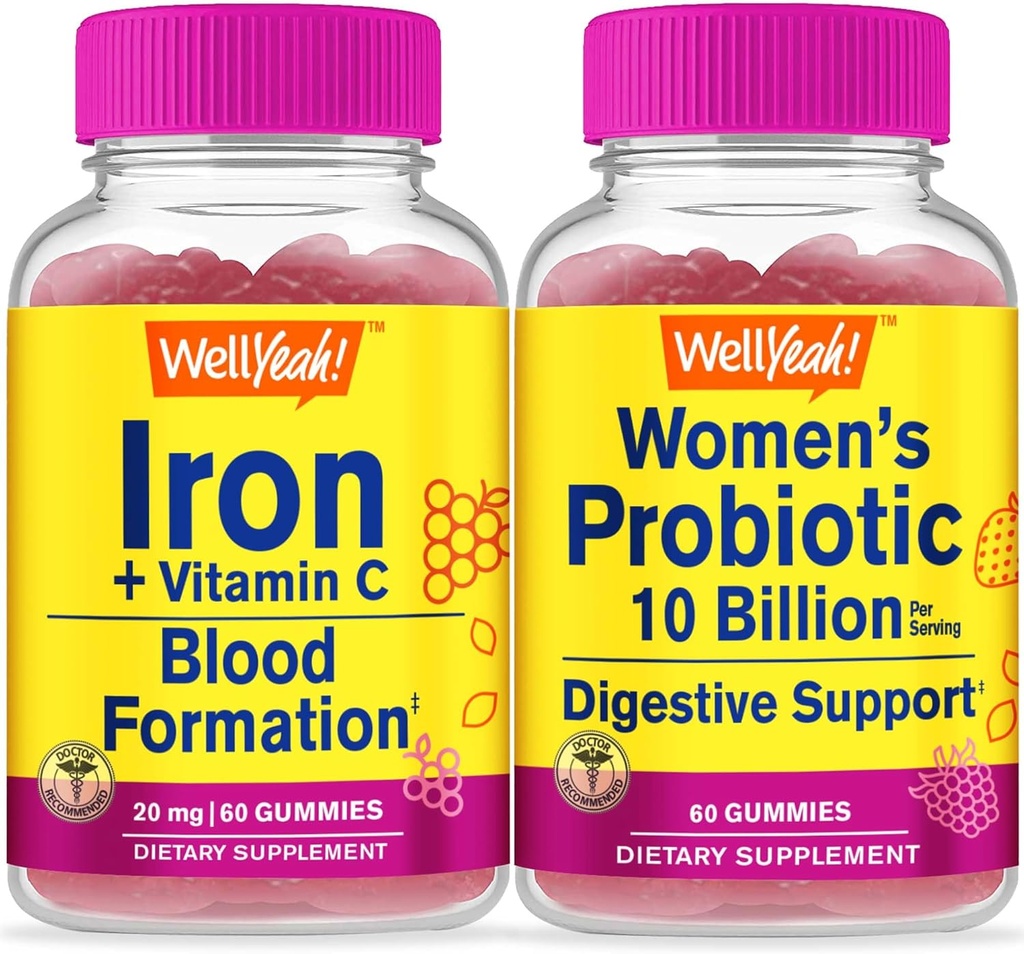 WellYeah Iron + C-vitamin + probiotika Kvinder 10B CFU, Gummies Bundle - Great Tasting, Vitamin supplement, Gluten Free, GMO fri, Chewable Gummy