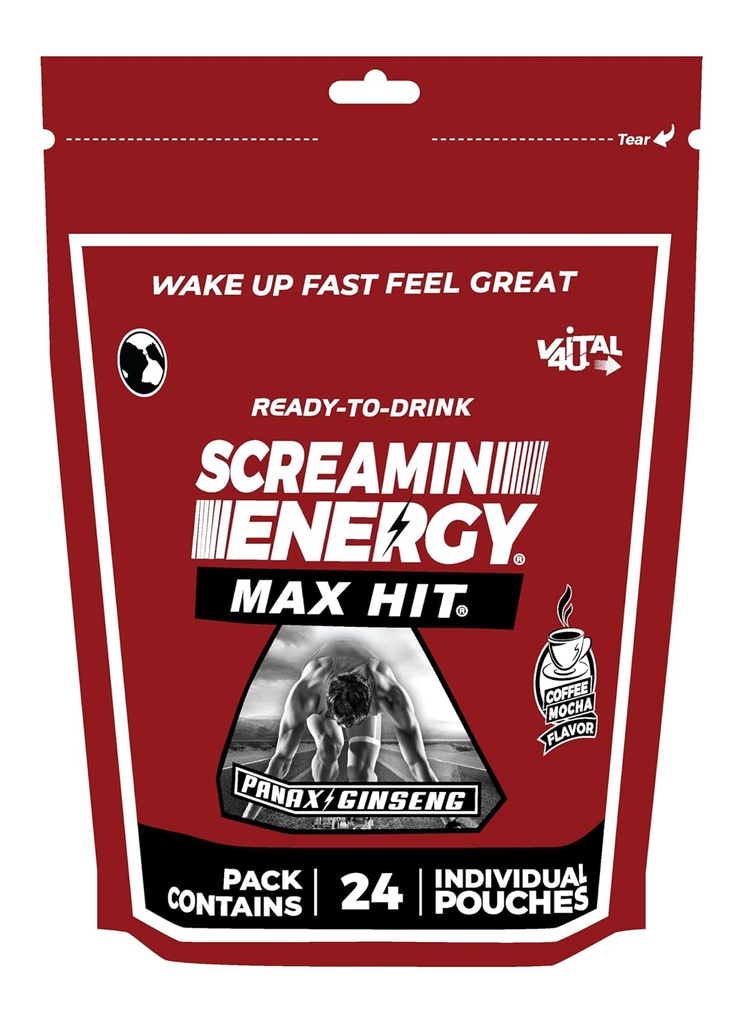 Screamin Energy Max Hit - Energi Shots ekstra styrke med Ginseng & Koffein - 100% B-1, B-2, B-3, B-6, B-7 og B12 Coffee Mocha, 24 Greve