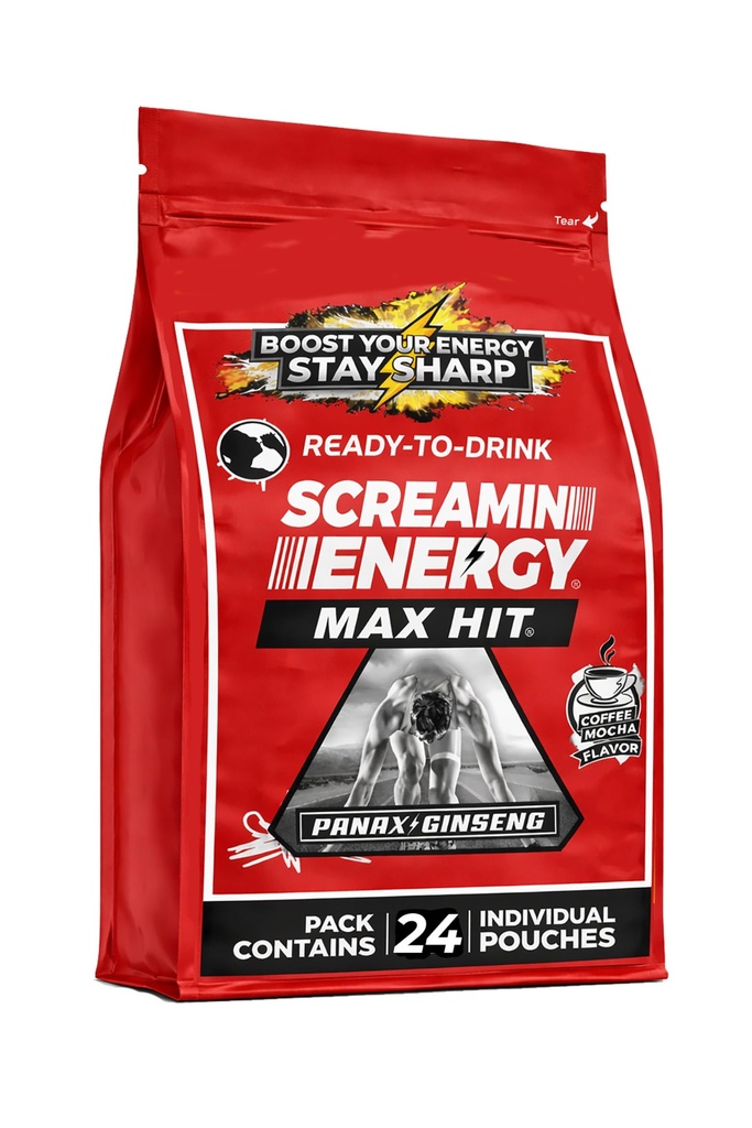 Screamin Energy Max Hit - Energi Shots ekstra styrke med Ginseng & Koffein - 100% B-1, B-2, B-3, B-6, B-7 og B12 Coffee Mocha, 24 Greve