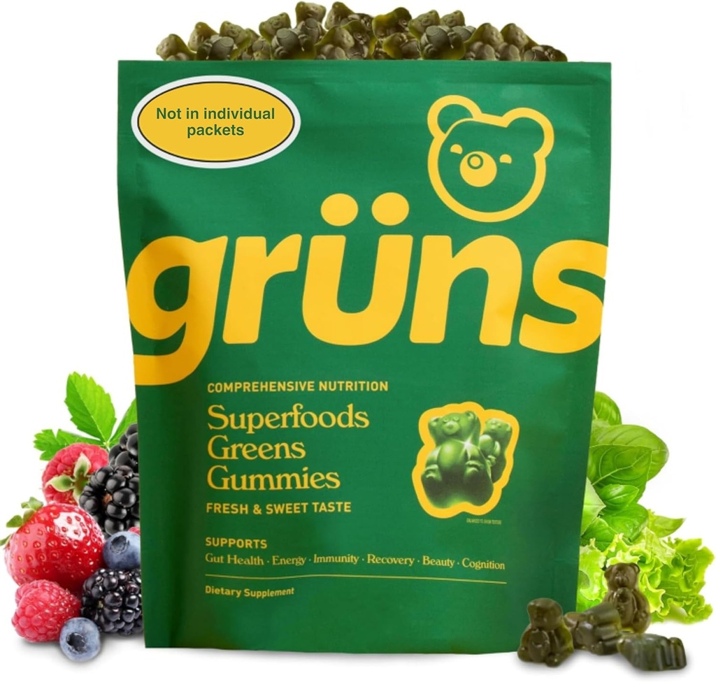 Gruns Voksen Super Green Gummies - Superfood Gummy Bears med Spirulina, Chlorella & Prebiotics for fordøjelsessygdomme - Adaptogens supplement med 20 vitaminer og mineraler, lav sukker- 2-ugers forsyning