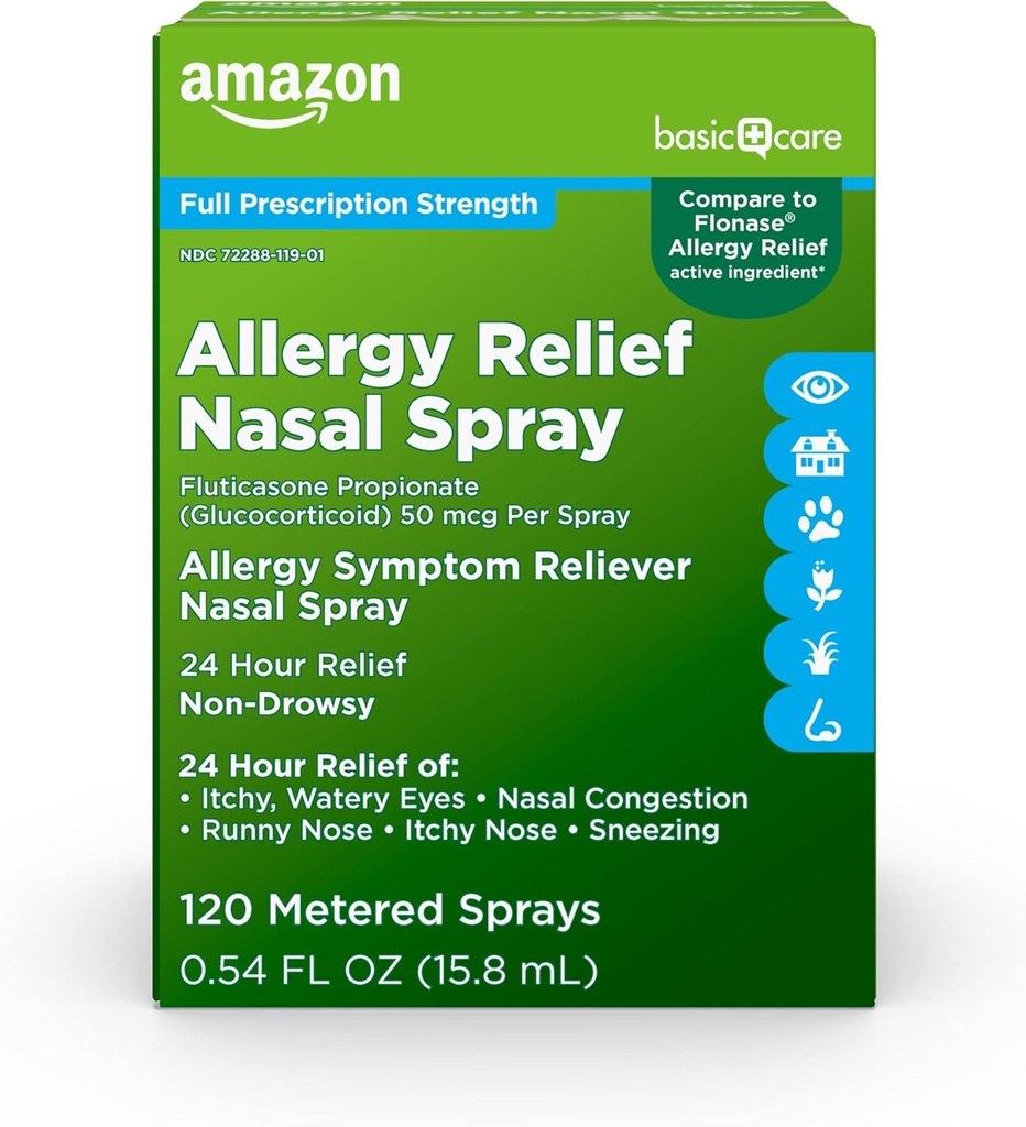Basic Care 24- Hour Allergy Relief Nasal Spray, Fluticasonpropionat (Glucocorticoid), 50 mcg Per Spray, Fuld præsentationsstyrke, Non- Drowsy, 0,54 fl oz (pakning med 1)