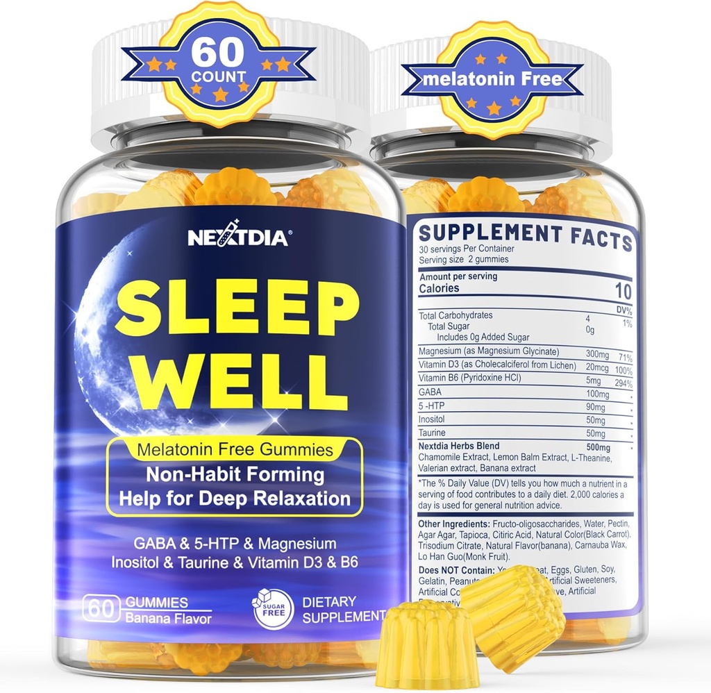Melatonin Free Sleep Gummies, with Magnesium Glycinate, GABA, 5-HTP, L-Theanine, Valerian, Chamomile, Lemon Balm, Vitamin D3 & B6 - Hormone & Drug- Free, Non-Habit Forming,Sugar Free