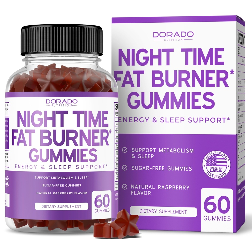 Night Time Fat Burner Gummies (60 Greve) Vægttab & Metabolisme - Sugar- Free - Lækker Raspberry Flavored Melatonin Supplement Gummies - Vegan Safe - tredjeparts testet - Made in USA