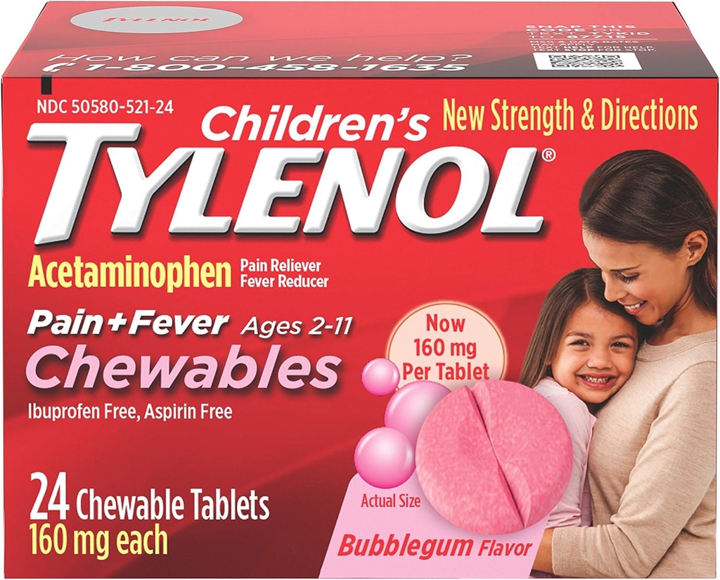 Children 's Tylenol Chewables, Acetaminophen for Pain & Fever Relief, Bubble Gum, 24 ng
