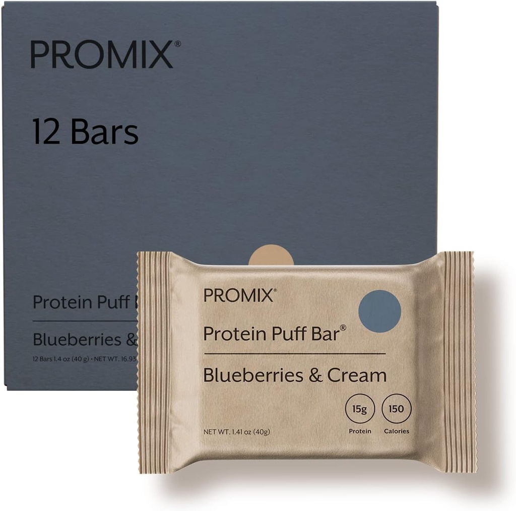 ProMix Nutrition Protein Puff Bars - Blåbær & fløde - Marshmallow Crispy Treat - Great Tasting & Sund On The Go Snack - High Protein & Low Calorie - Gratis fra Gluten, Soy, & Corn - 12 Barer